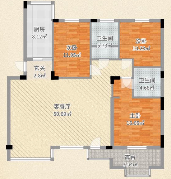 西湖春天3室2厅1厨2卫1阳台127平米退台洋房